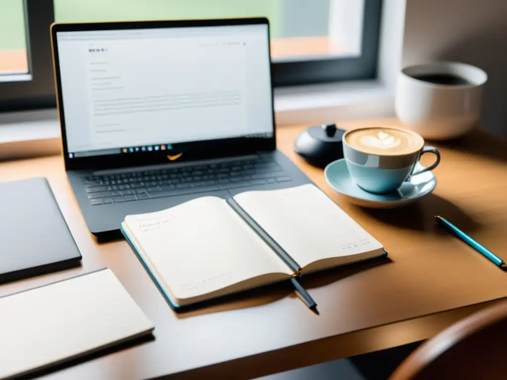 Espacio de trabajo minimalista con laptop, bloc de notas y lápiz, bañado en suave luz natural para técnicas de escritura para guiones