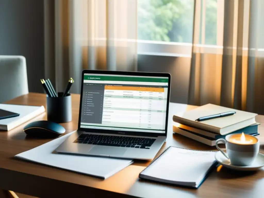 Un espacio de trabajo minimalista y ordenado para autores, con laptop, libros y planificación financiera, bañado por luz natural suave