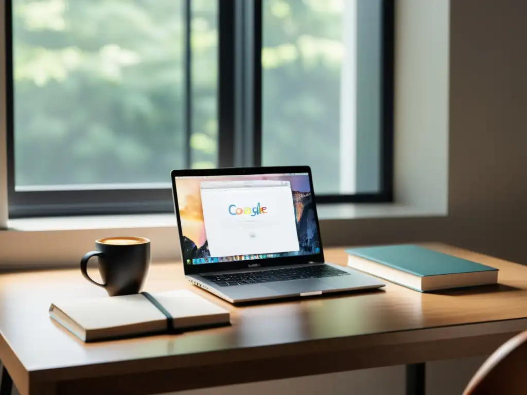 Un espacio de trabajo minimalista y ordenado con laptop, libros y café, bañado en luz natural