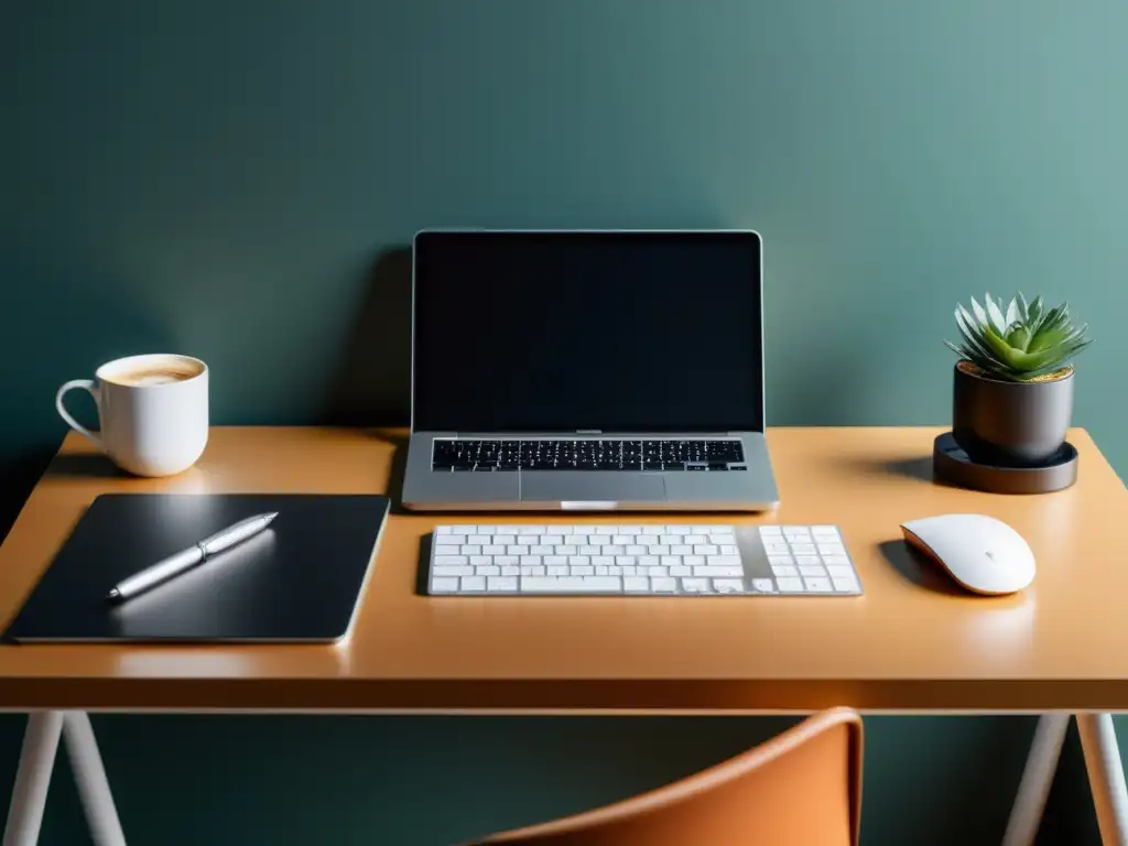 Un espacio de trabajo minimalista y ordenado con laptop, cuaderno, pluma y café