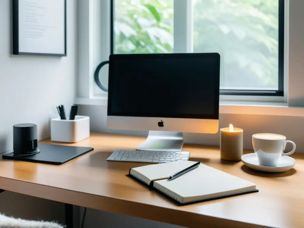 Un espacio de trabajo minimalista con un ordenador moderno, una libreta y una taza de café, bañado en suave luz natural