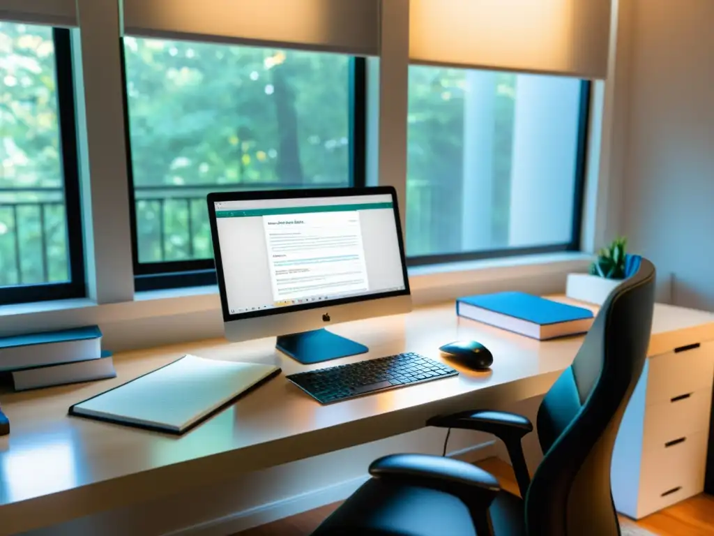 Un espacio de trabajo minimalista con un ordenador de escritorio, teclado ergonómico y notas organizadas