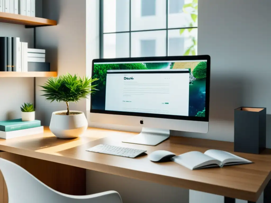 Un espacio de trabajo minimalista con ordenador, libros y planta, bañado en luz natural