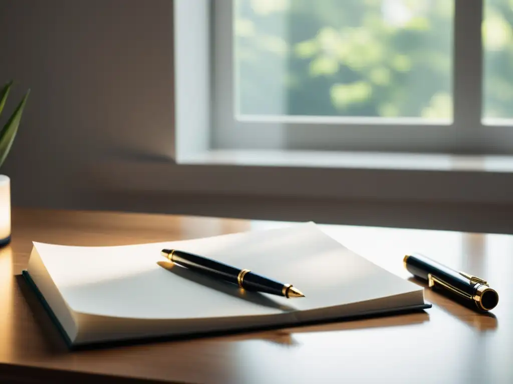 Espacio de trabajo minimalista con páginas en blanco, pluma y gafas, iluminado por luz natural