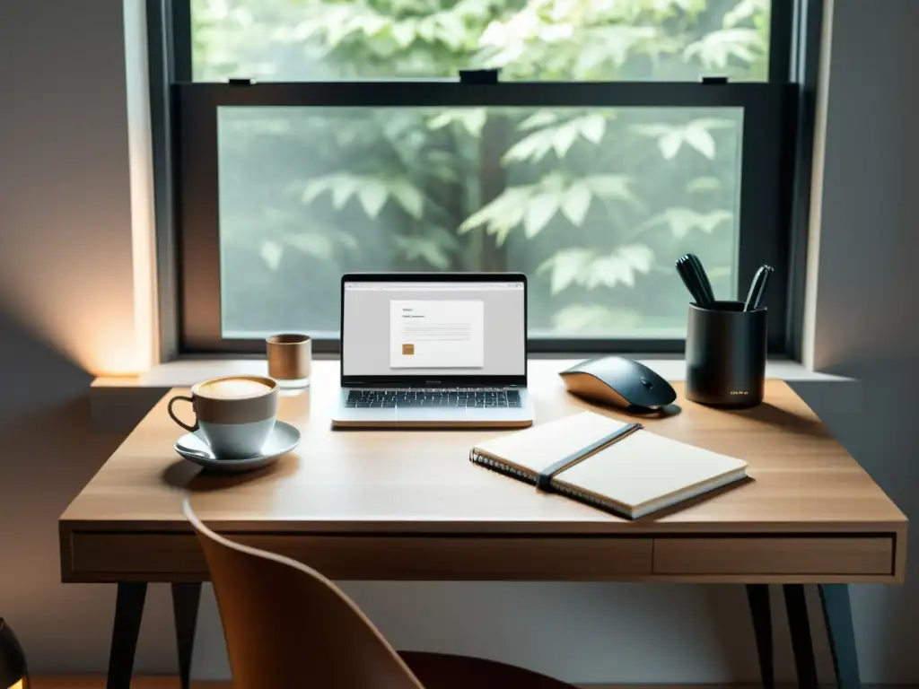 Espacio de trabajo minimalista con portátil, cuadernos, portalápices y café, ideal para planificación y gestión de tiempo para escritores
