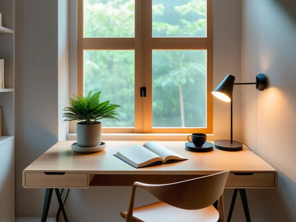 Un espacio de trabajo minimalista y sereno con un escritorio moderno en madera clara, una planta y libros organizados