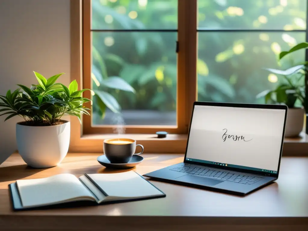 Un espacio de trabajo minimalista y sereno con un escritorio de madera, una planta, una ventana que da a un jardín tranquilo