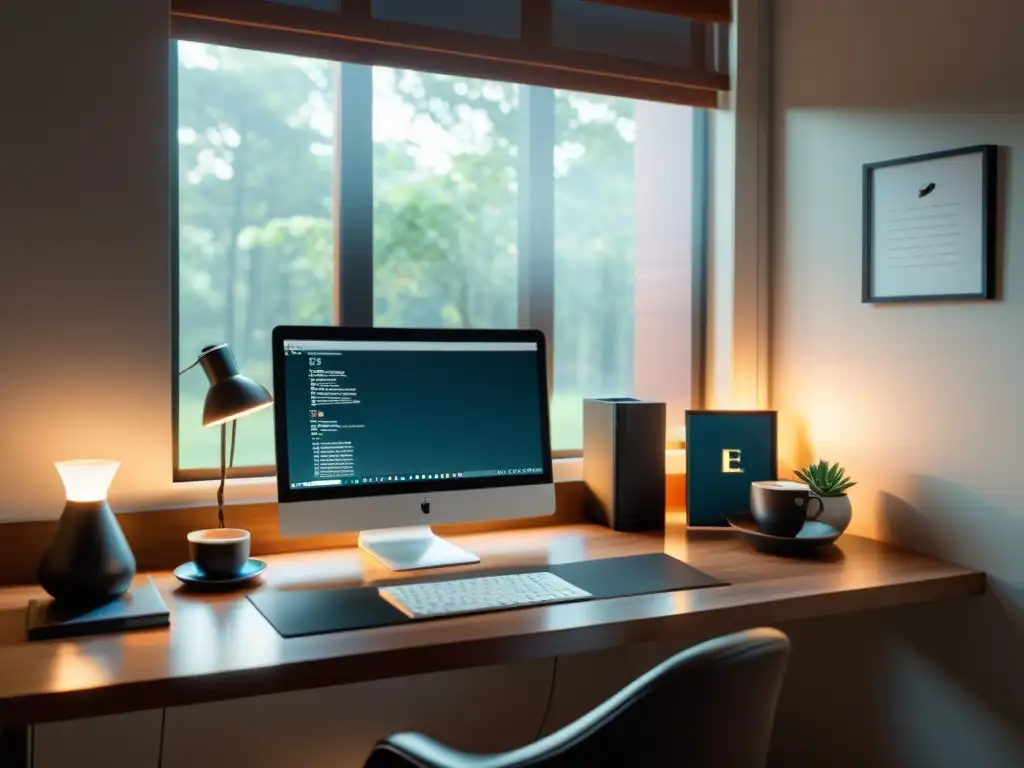 Un espacio de trabajo minimalista y sereno con un elegante monitor de software de escritura con tesauro