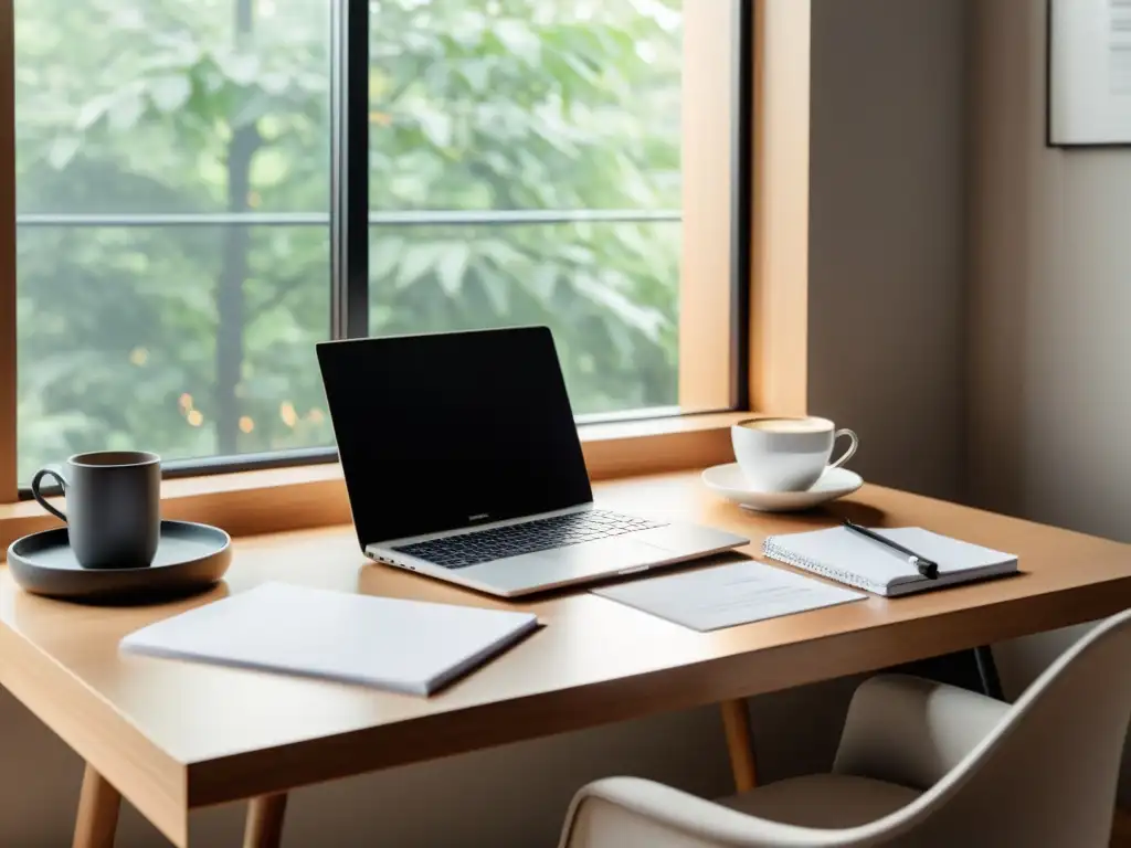 Un espacio de trabajo minimalista y sereno con un elegante escritorio, laptop de alta calidad, café y papeles organizados