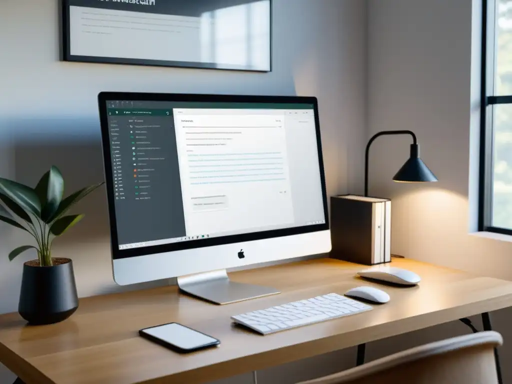 Espacio de trabajo minimalista con software de escritura no lineal en pantalla