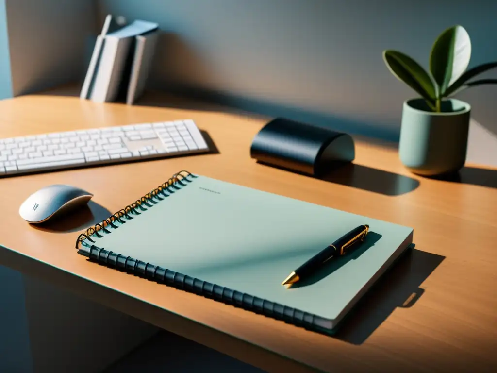 Espacio de trabajo minimalista con teclado de alta calidad, elegante cuaderno y pluma precisa, bañados en luz natural