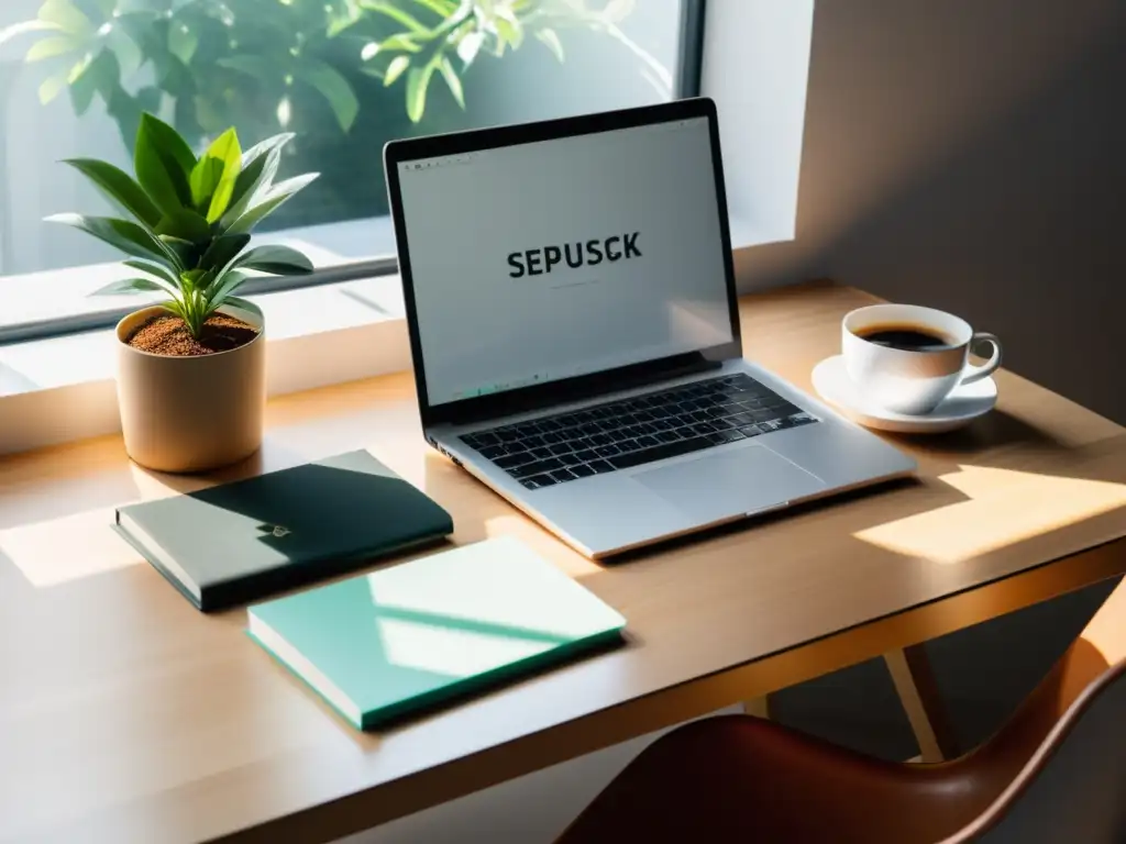 Un espacio de trabajo moderno y acogedor con una planta, libros, laptop y café