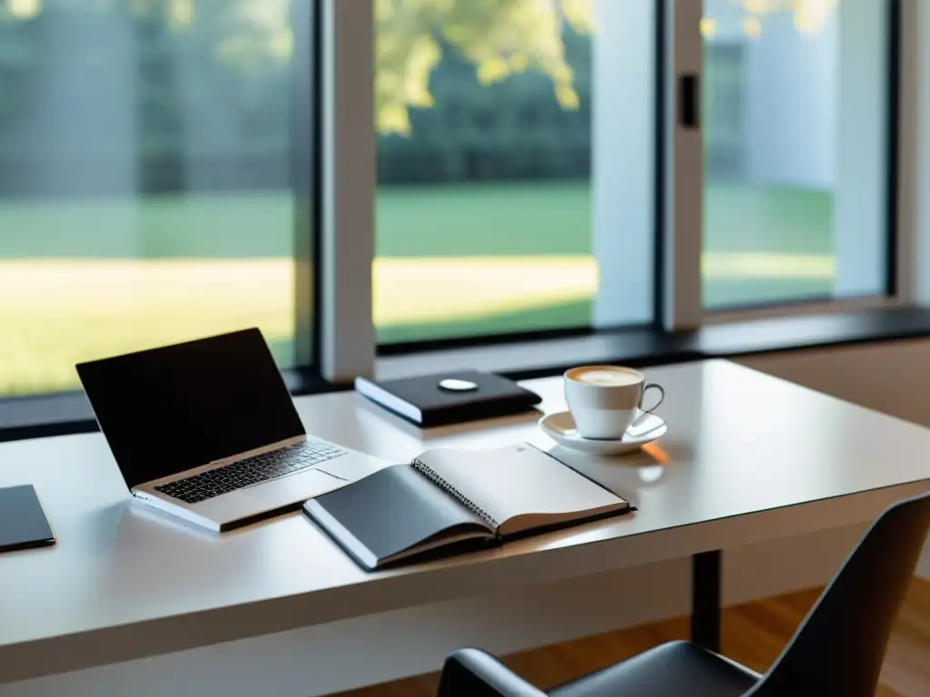 Un espacio de trabajo moderno y minimalista con un cuaderno NotionPress, una computadora portátil y una taza de café en un escritorio blanco