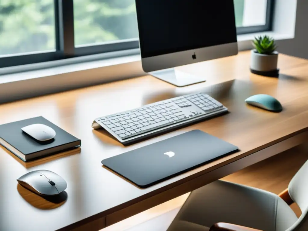 Un espacio de trabajo moderno y minimalista con laptop, teclado ergonómico y ratón inalámbrico