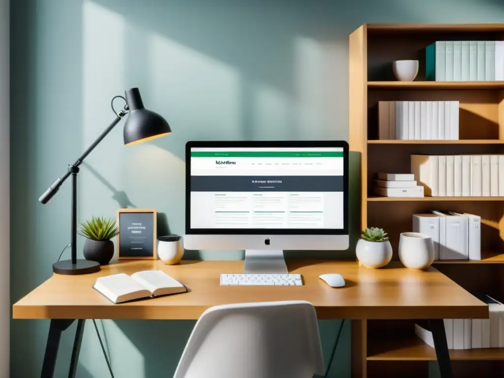 Un espacio de trabajo moderno y minimalista con datos de marketing literario y analytics, bañado en suave luz natural
