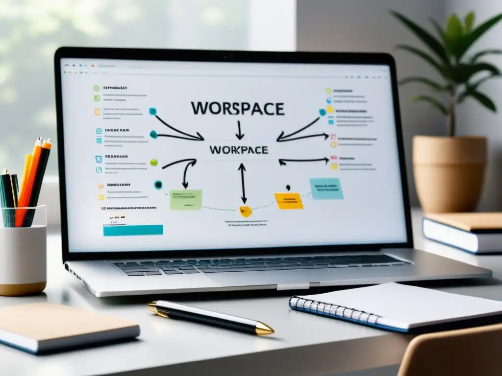 Espacio de trabajo moderno con software de mapas conceptuales para escritores