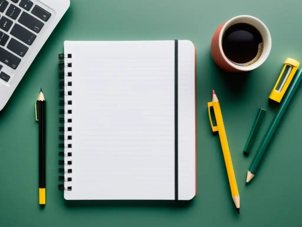 Un espacio de trabajo ordenado con un cuaderno en blanco, lápices y una laptop abierta