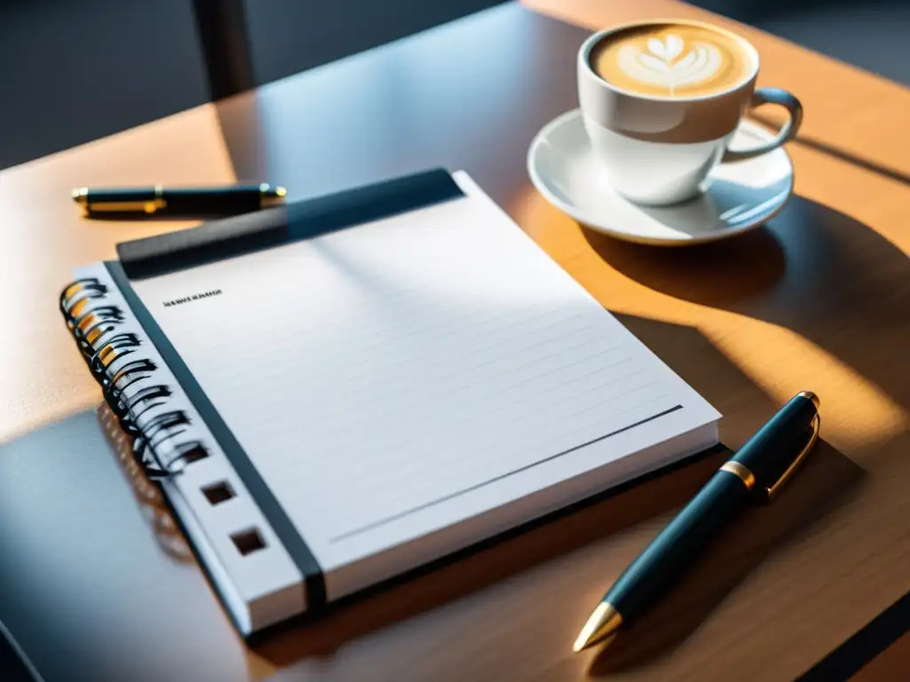 Un espacio de trabajo profesional y minimalista, con un elegante escritorio, bloc de notas, pluma y café