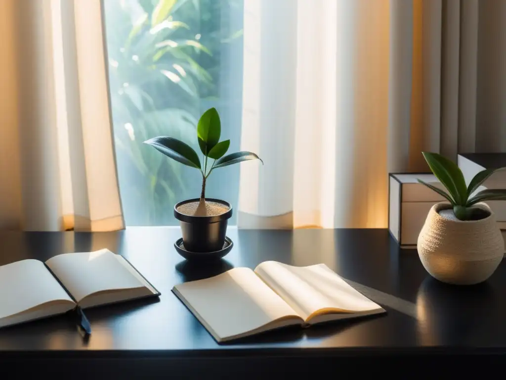 Un espacio de trabajo sereno con un elegante escritorio negro y una planta