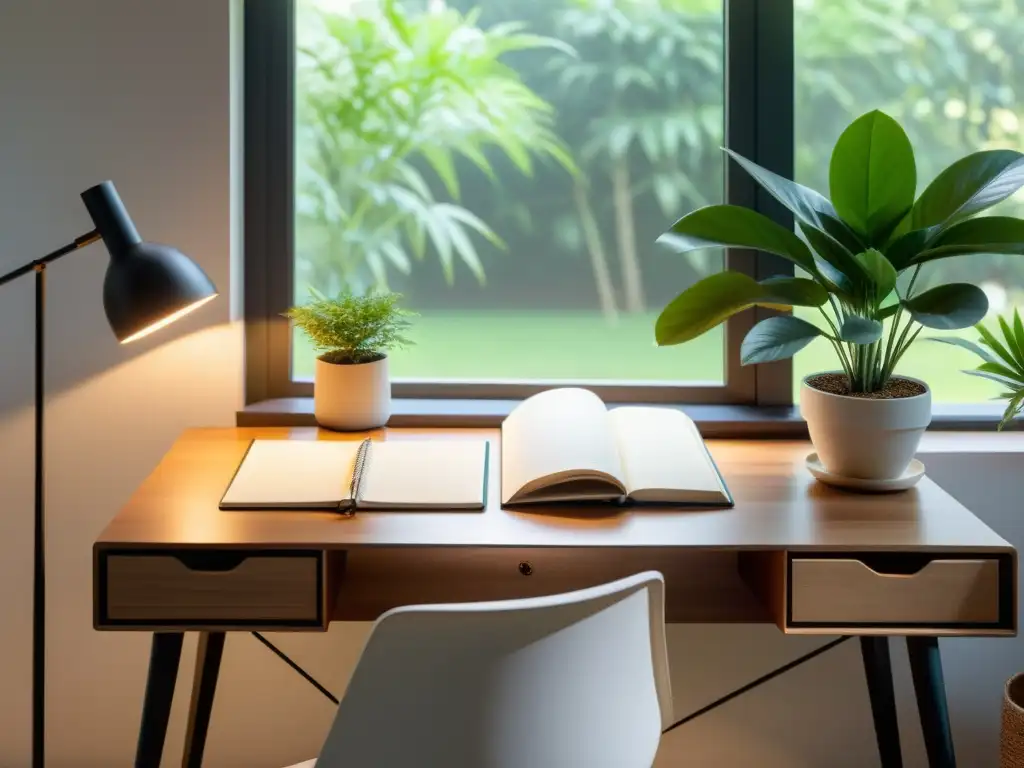 Espacio de trabajo sereno con escritorio de madera, planta en maceta y ventana grande con vista al jardín