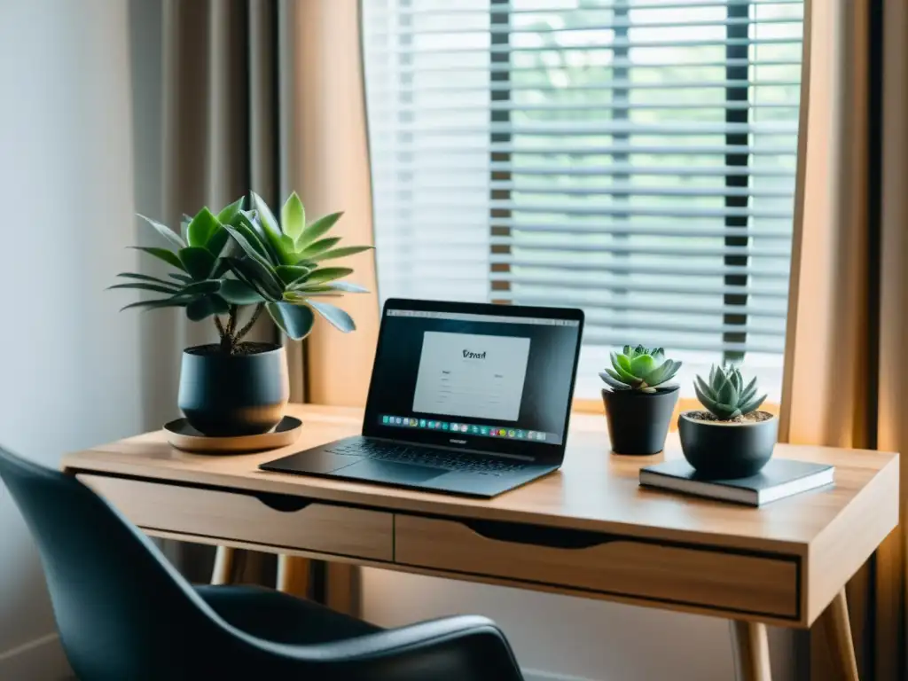 Espacio de trabajo sereno con escritorio de madera, laptop negra, suculenta y planificador