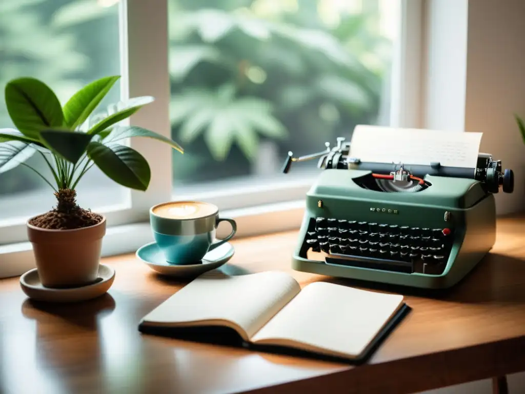 Espacio de trabajo sereno con escritorio de madera, máquina de escribir vintage y notas manuscritas