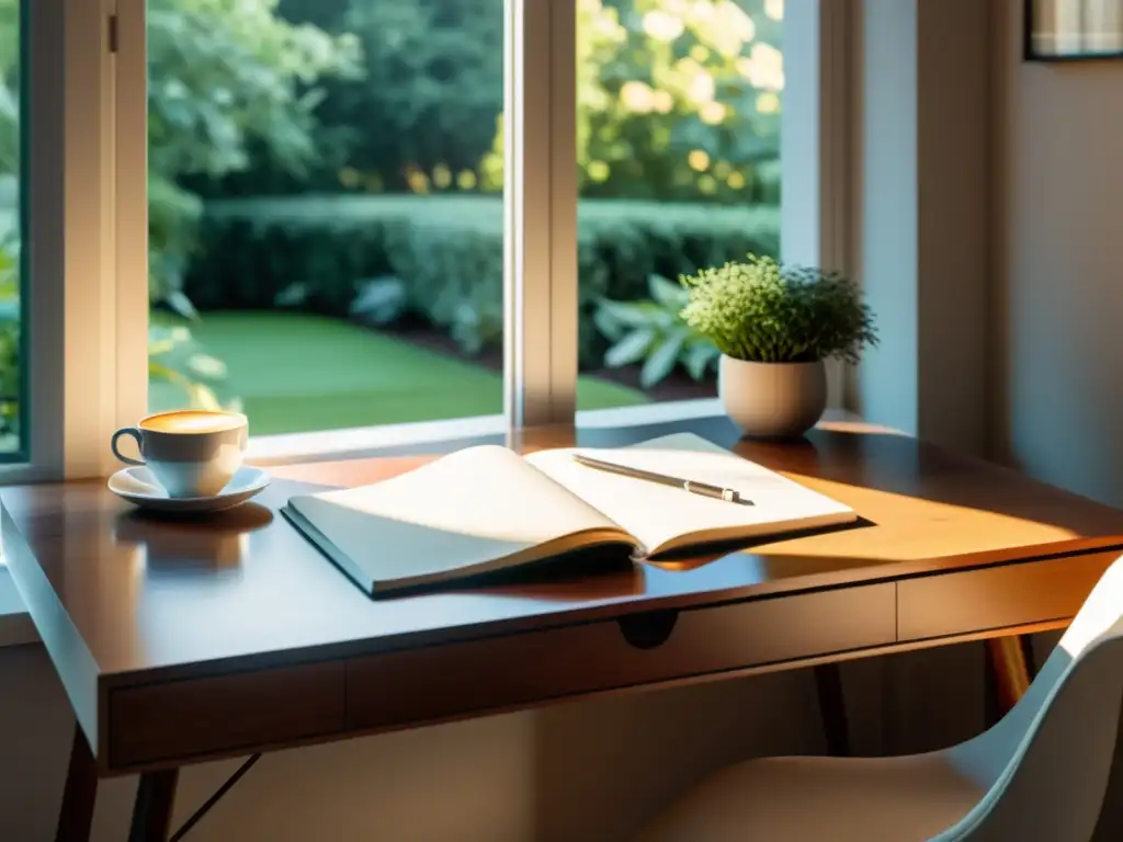 Espacio de trabajo sereno con escritorio ordenado, cuadernos y café, bañado por la cálida luz matutina