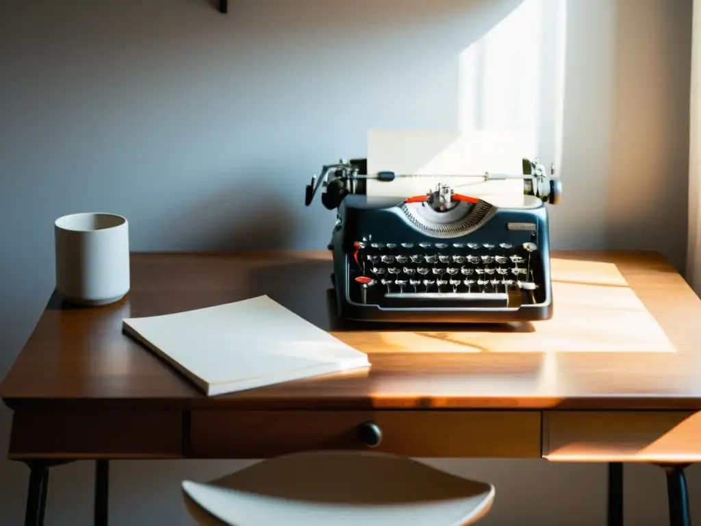 Un espacio de trabajo sereno y minimalista con un elegante escritorio de madera, una máquina de escribir vintage, papel en blanco y un lápiz afilado