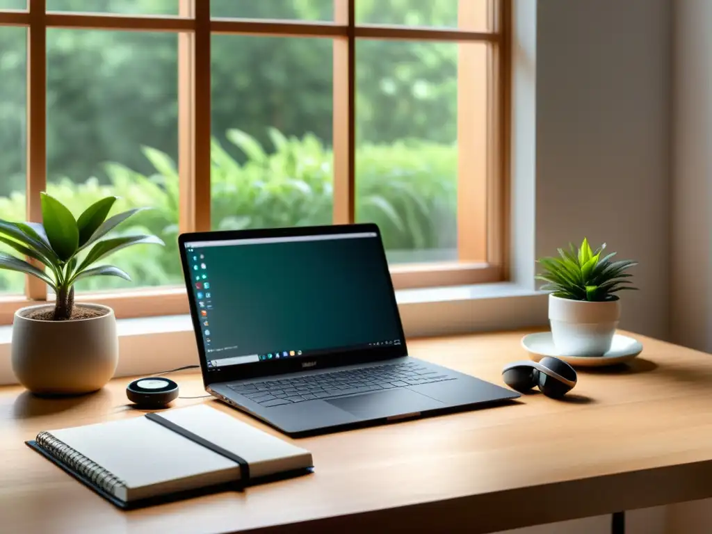 Un espacio de trabajo sereno y minimalista con un elegante escritorio de madera, una moderna computadora portátil y una planta en maceta