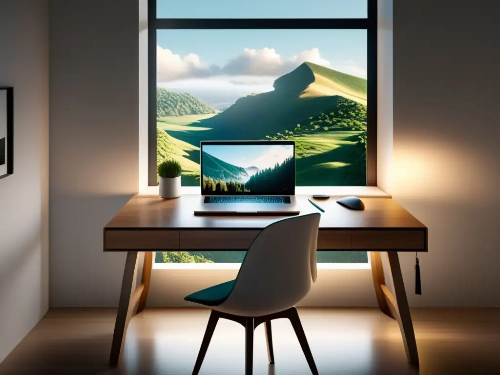 Un espacio de trabajo sereno y minimalista con una elegante laptop, un escritorio despejado y una ventana grande con vista a un paisaje natural