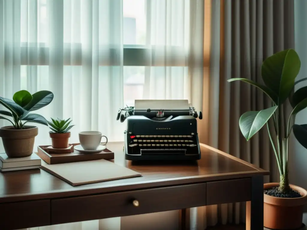 Espacio de trabajo sereno y minimalista con escritorio de madera, máquina de escribir vintage y papel en blanco, bañado por luz natural suave