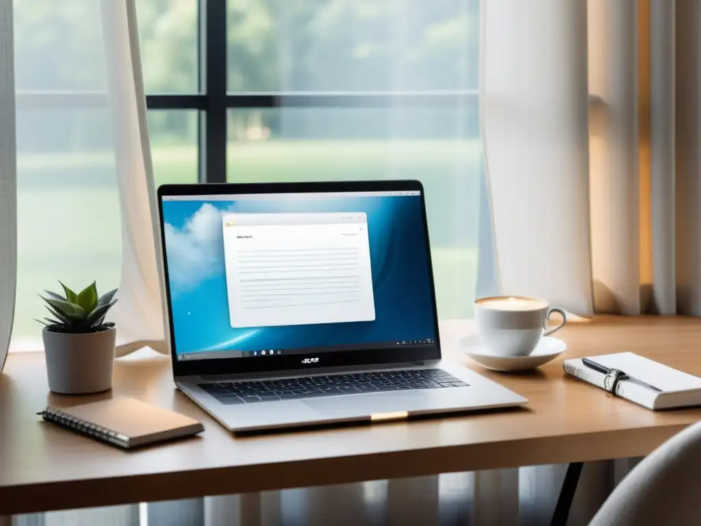 Un espacio de trabajo tranquilo con laptop, café y notas, bañado por luz suave