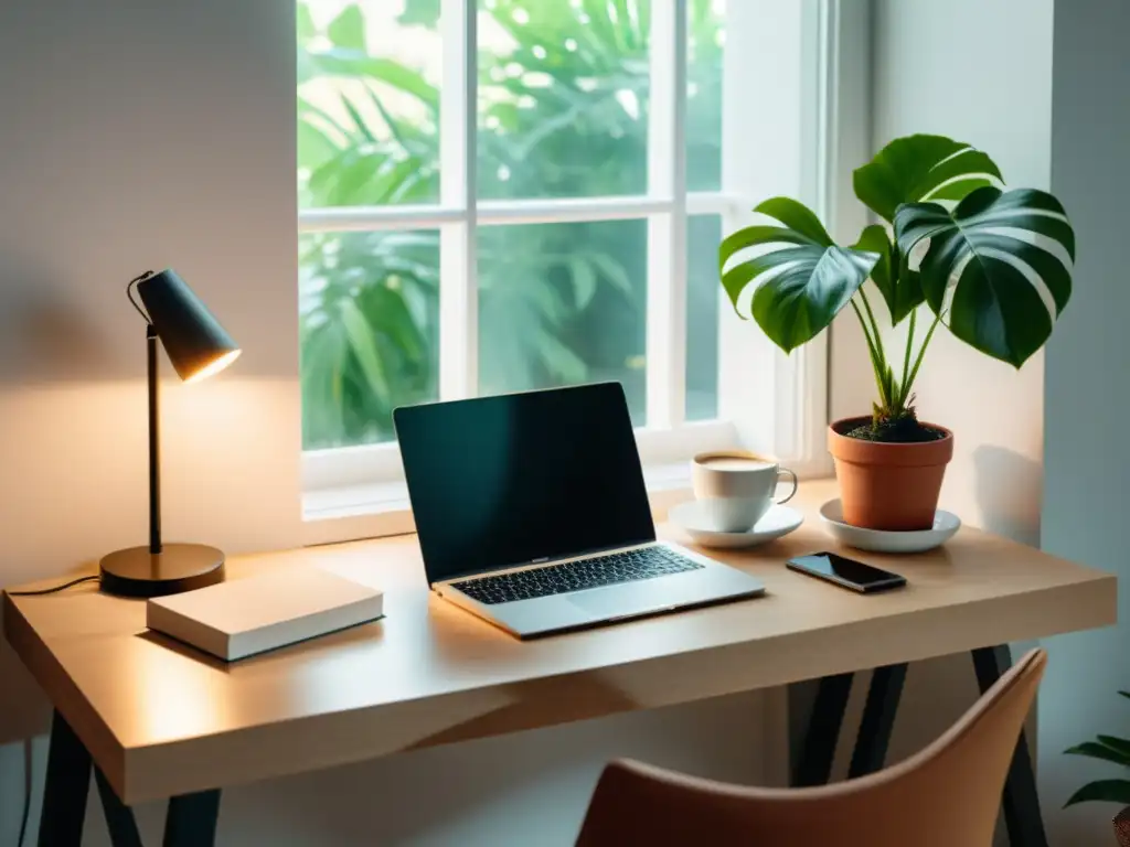 Espacio de trabajo tranquilo con laptop, café, libros y planta