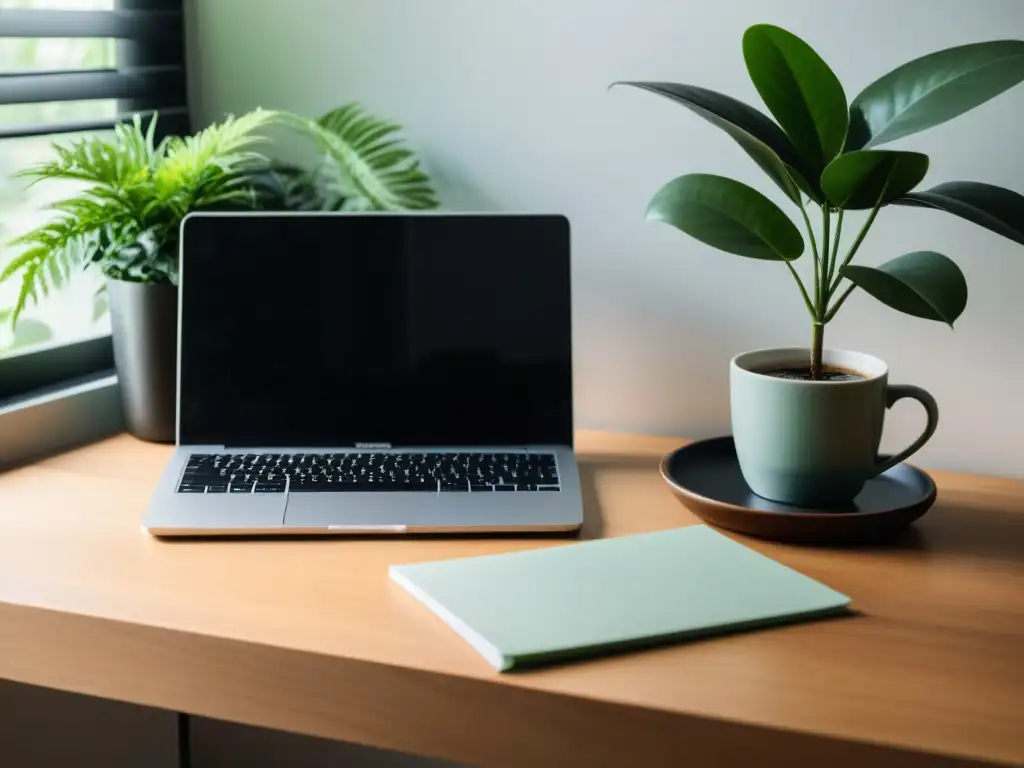 Un espacio tranquilo de escritura sensorial, con una mesa de madera, laptop plateada, papeles ordenados, una planta y una taza de café humeante