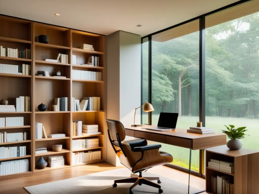 Estudio de escritura minimalista con vista tranquila Espacioso estudio de escritura con luz natural y tranquilidad, ideal para talleres escritura online vs presenciales
