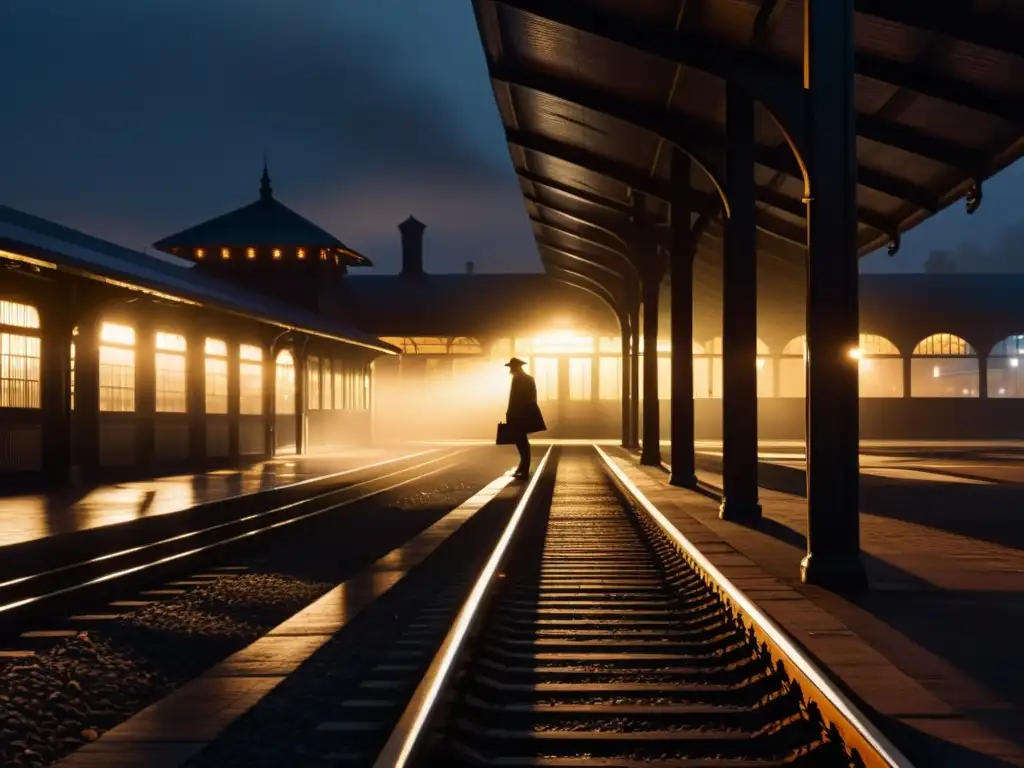 Una estación de tren desolada y sombría de noche, iluminada por una luz titilante que proyecta largas sombras en el andén vacío