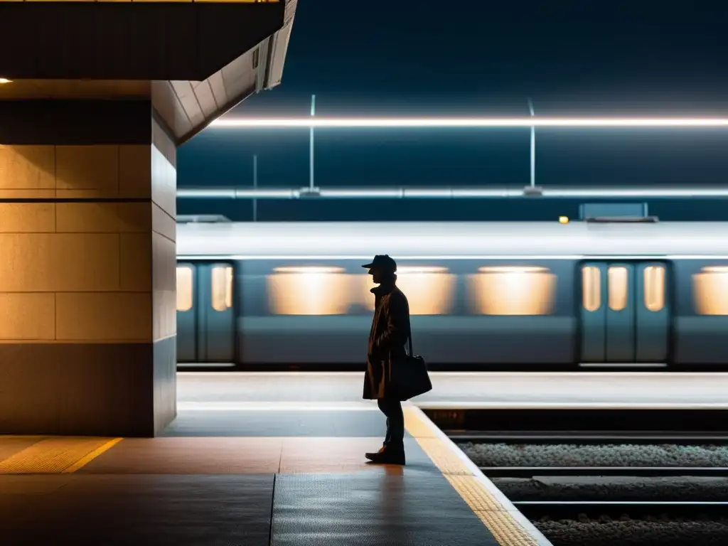 En una estación de tren oscura, una figura solitaria se destaca en las sombras, creando un ambiente de misterio y tensión