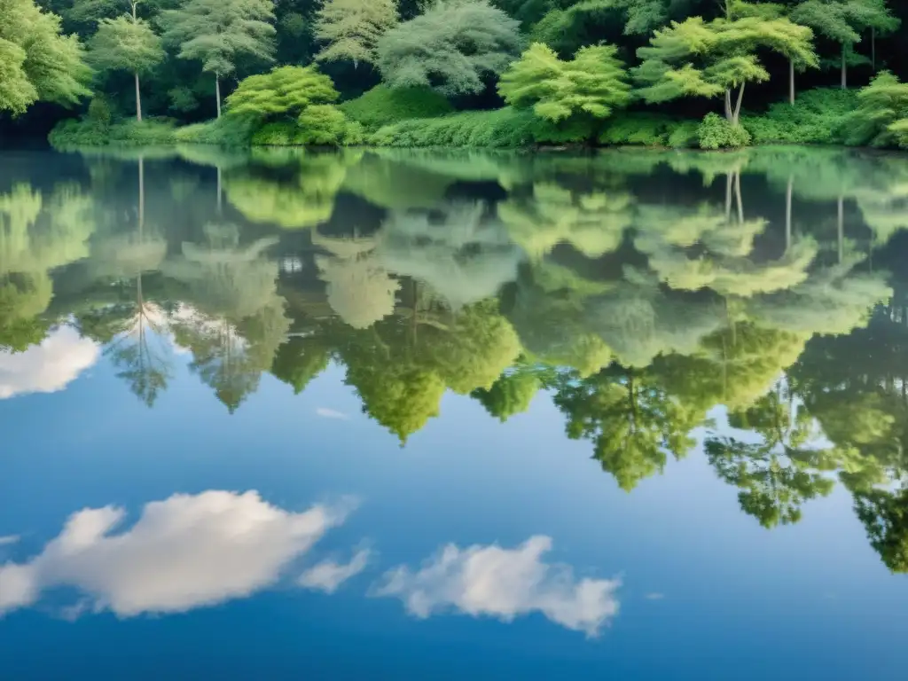 Un estanque sereno rodeado de árboles, con el reflejo del cielo azul y nubes blancas