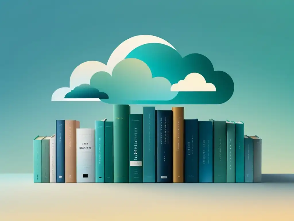 Un estante de libros en forma de nube con libros digitales organizados, reflejando la tranquilidad del almacenamiento de libros favoritos online