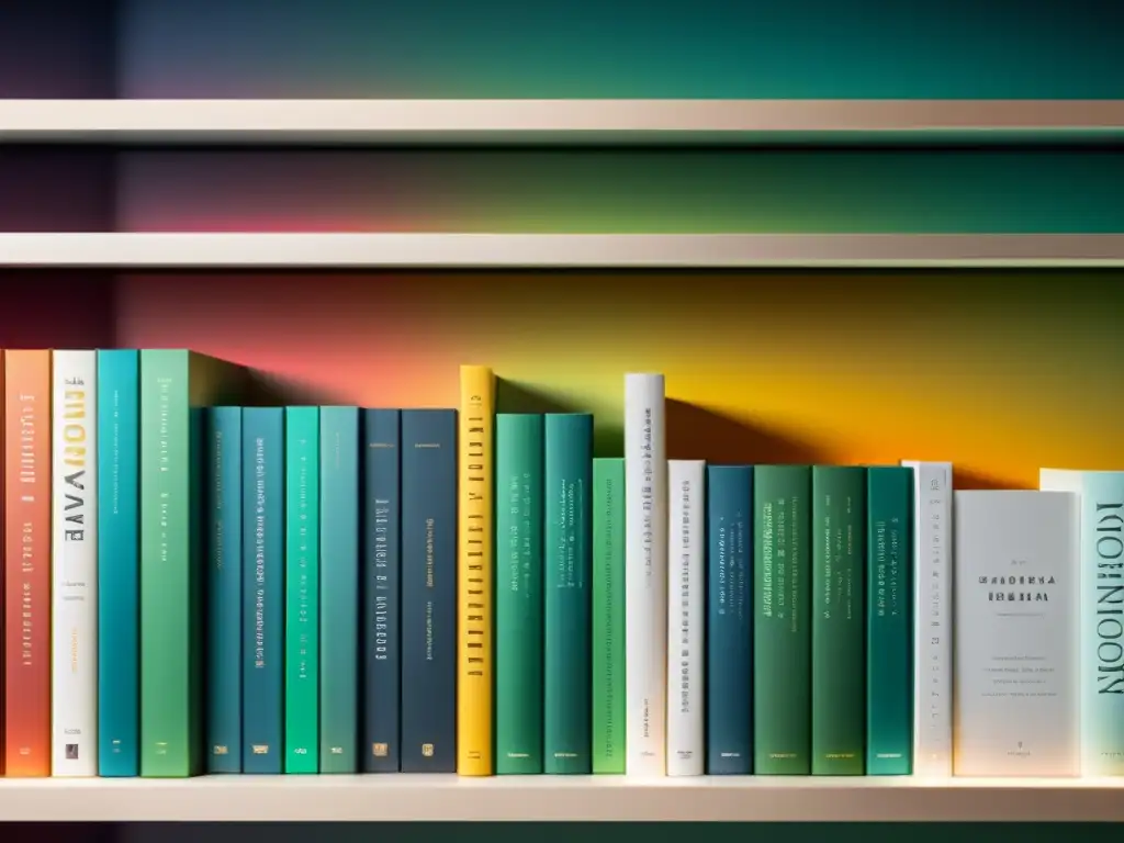 Un estante de libros ordenados por colores en una imagen 8k detallada, creando un efecto visual impactante