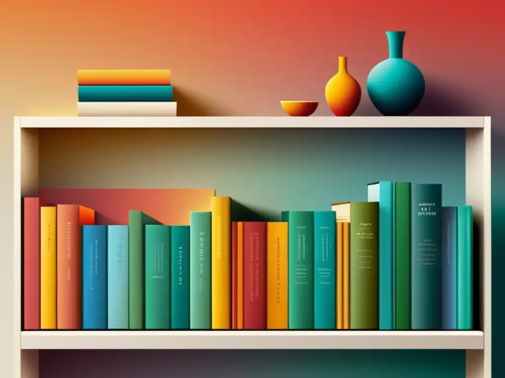 Un estante minimalista con libros organizados por color, del cálido al frío