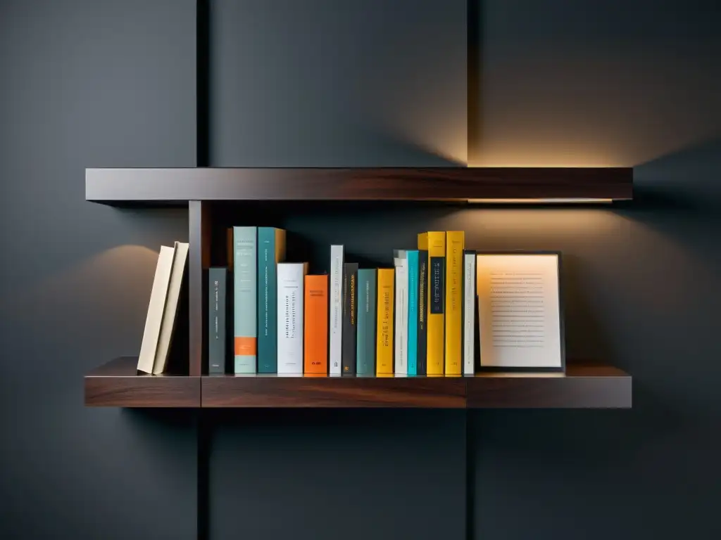 Un estante minimalista de madera oscura con una cuidada selección de literatura contemporánea