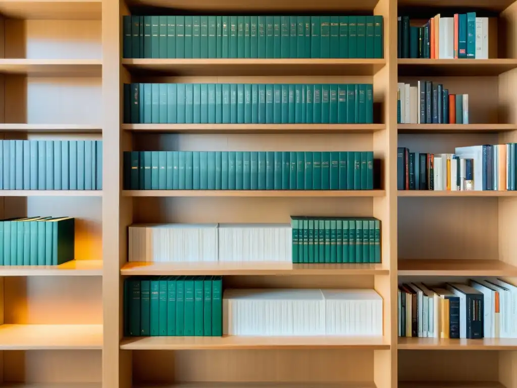 Un estante moderno y minimalista lleno de libros organizados en diferentes tonos, bañados por luz natural