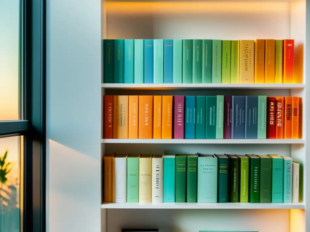 Una estantería blanca moderna llena de libros coloridos, bañada por luz natural, creando un ambiente acogedor para amantes de la lectura