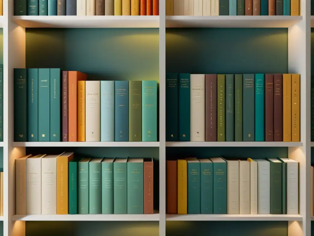 Una estantería de libros ordenada, con obras de diversos colores y tamaños, iluminada suavemente