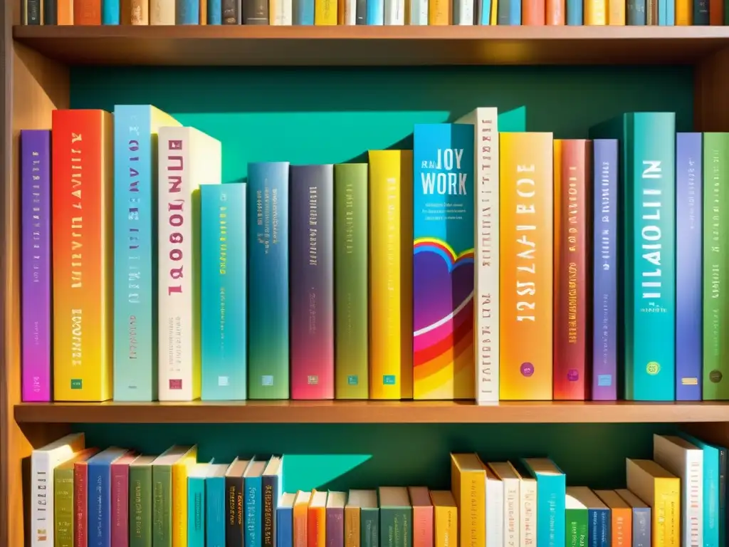 Una estantería llena de literatura LGBTQ+ actualidad, con libros coloridos y variados, bañados por la cálida luz del sol