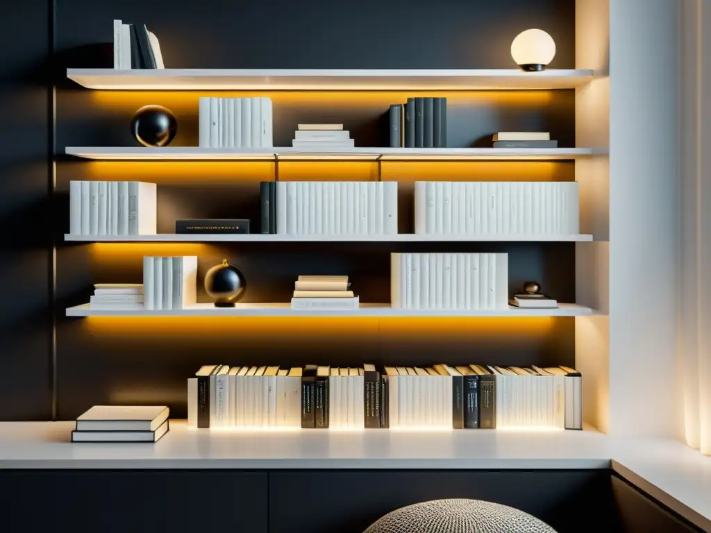 Estantería minimalista en blanco y negro con libros clásicos ordenados y una elegante lámpara de lectura