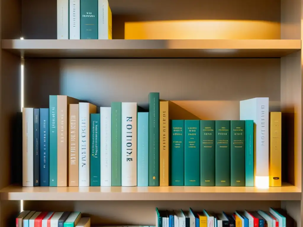 Biblioteca femenina: colección de libros iluminada Una estantería minimalista con una colección diversa de libros ordenados, iluminada por luz natural