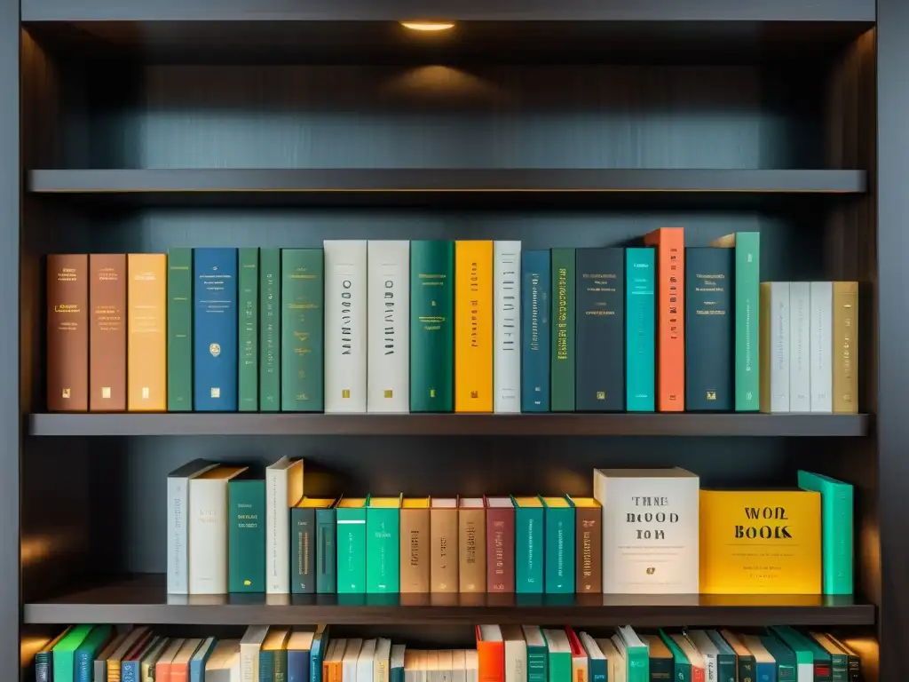 Una estantería minimalista con libros clásicos ordenados por color