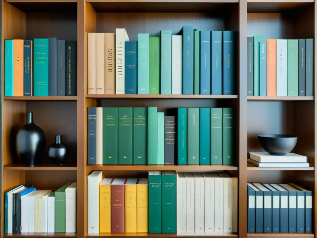 Una estantería minimalista con novelas clásicas y modernas organizadas por color